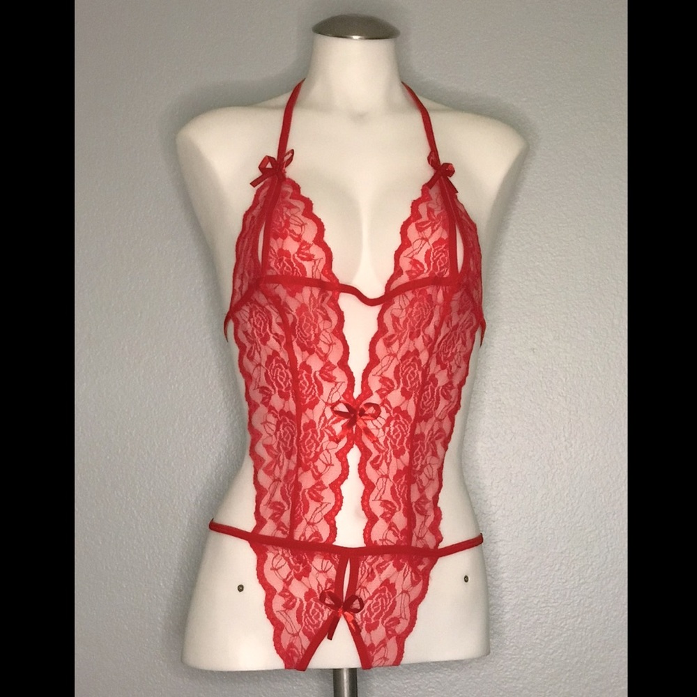 Red open crotch lingerie one piece